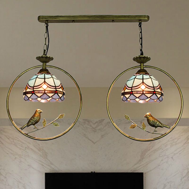 Luce a sospensione progettata vittoriana con Little Bird 2 lampadine Tiffany macchiata di vetro appeso per la libreria