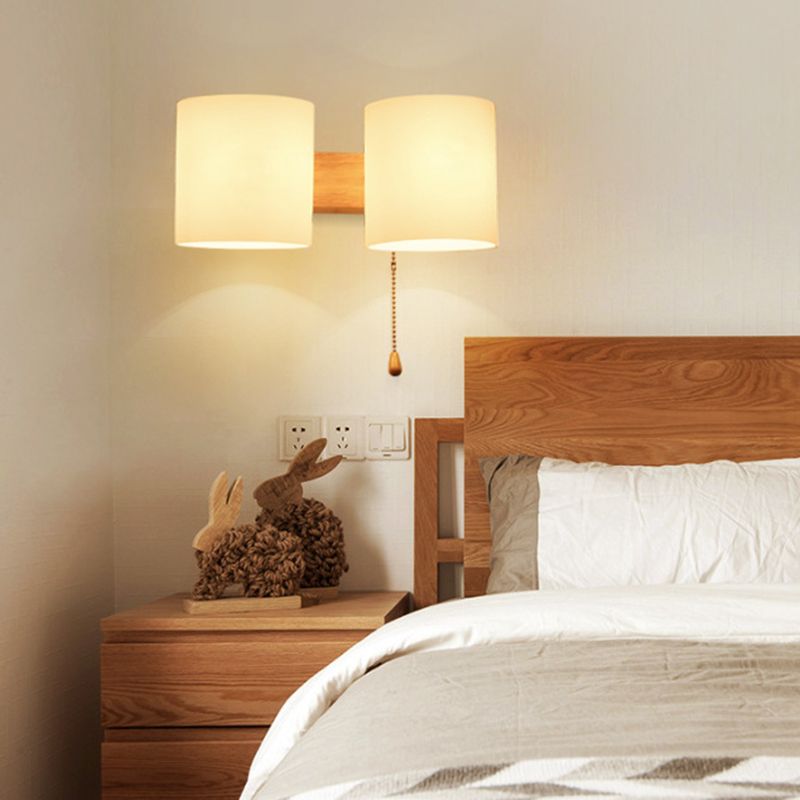 Modern Concise Cylindrical Wall Light Wooden Indoor Wall Lamp with White Glass Shade