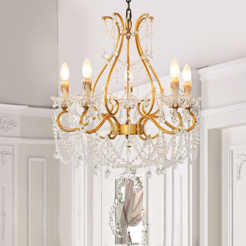Lustre de style bougie rustique 5 lumières lampe à suspension en cristal en or pour le salon
