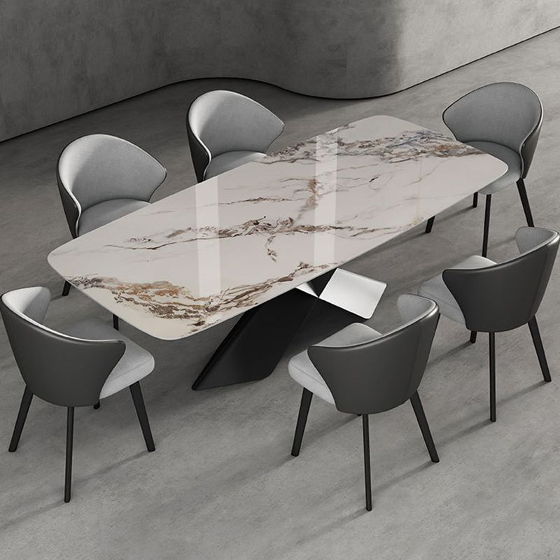 Contemporary Fixed Faux Marble Top Dining Room Table with 2 Black Metallic Legs Kitchen Dining Set