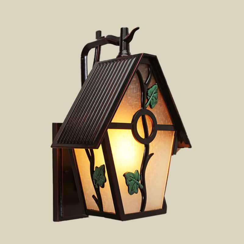 House White Glass Wall Sconce Rural 1-Light Outdoor Wall Light in Coffee with Leaf Design
