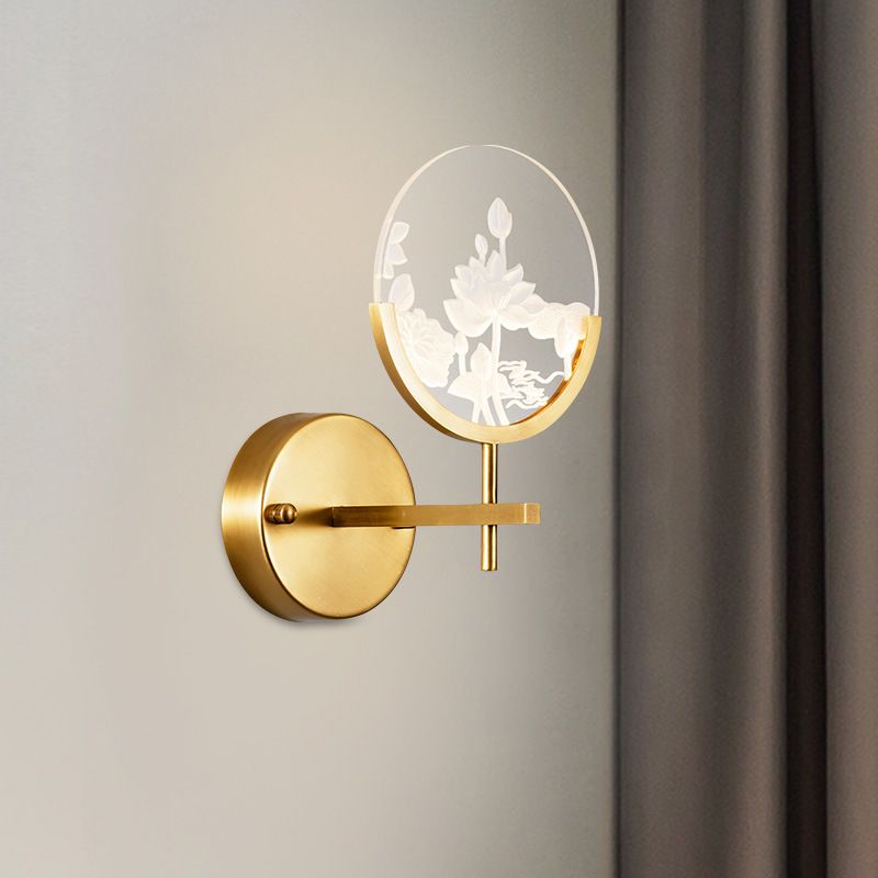 Gold Circle Panel Sconce Light Fixture Post Modern LED Acrylic Wall Lamp with Lotus Pattern in White/Warm Light