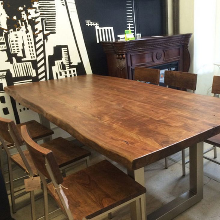 Rectangle Sled Base Industrial Table Wood Color Fixed Table with Solid Wood