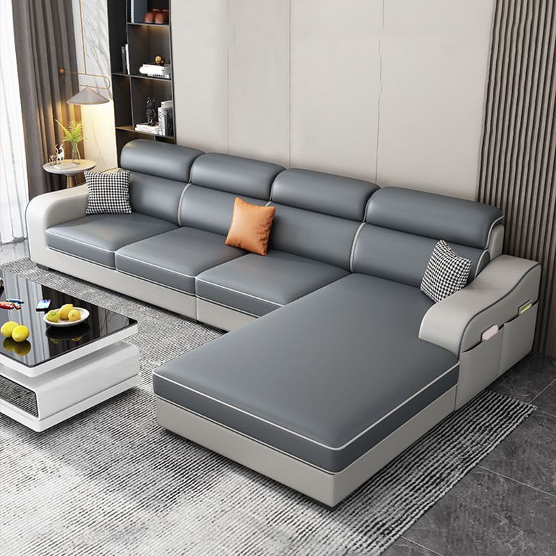 31.49" Tall Grey Sectional Sofa Faux Leather/Linen Flared Arm Modular Sofa