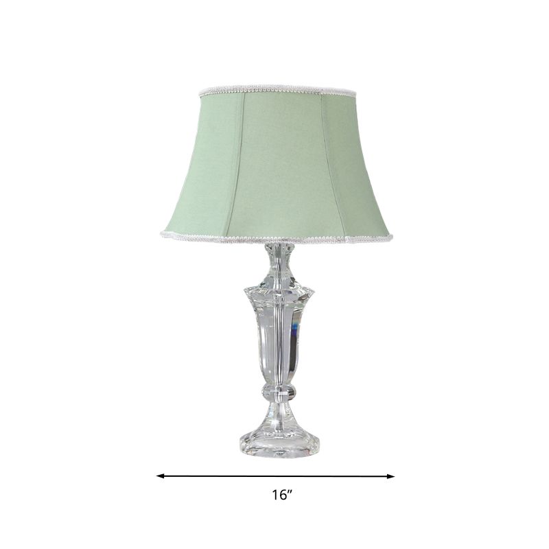 1 Light Paneled Bell Table Lamp Rustic Green Fabric Night Light for Bedroom with Crystal Base