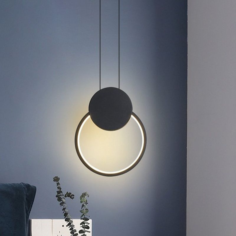 Round Suspension Light Modernism Acrylic White/Black LED Hanging Lamp Fixture for Bedside, White/Warm Light