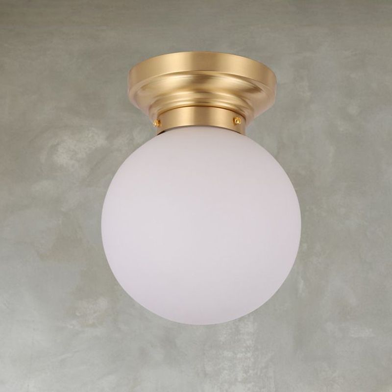 1 Bulb Brass/Black Finish Close to Ceiling Light with Frosted Globe Glass Shade Minimalist Semi-Flushmount Light