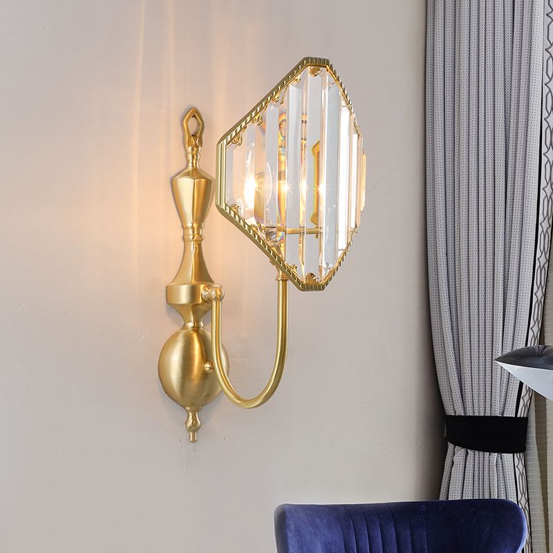 1/2-Light Crystal Prism Wall Mount Fixture with Rhombus Shade Modernism Wall Lighting in Gold