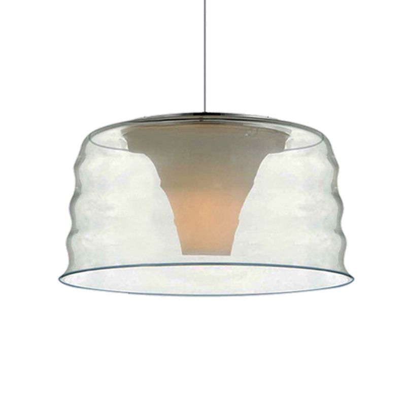10"/14" Wide Drum Chandelier Pendant Contemporary Clear/Smoky Ruffle Glass 1 Light Led Living Room Hanging Light