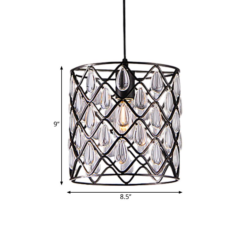 Iluminación colgante enjaulada de metal con caída de cristal deco industrial 1/4/6 luces lámpara lámpara de lámpara en negro