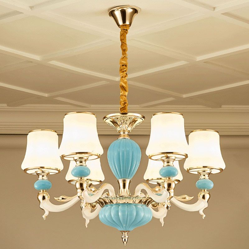 Modern Suspension Lamp Light Blue Tapered Ceramics Chandelier Lighting Fixture with Opal Glass Shade
