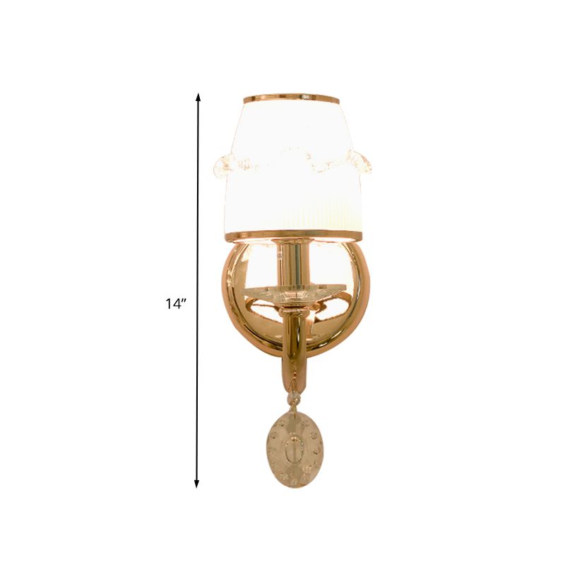 1/2 Bulbs Frosted Glass Sconce Traditionalist Gold Barrel Living Room Wall Mounted Light with Clear Crystal Drop