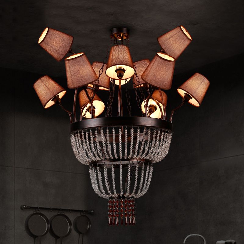 Copper Cascade Pendant Chandelier Vintage Fabric 12 Heads Restaurant Hanging Ceiling Light