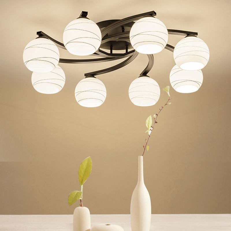 Luz semi empotrada esférica de vidrio blanco tradicional de montaje en techo de 3/5/8 luces negras para pasillo