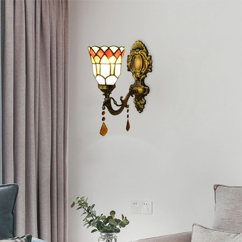 1 Light Small Bell Sconce Light Tiffany Stained Glass Wall Sconce with Agate for Study Room
