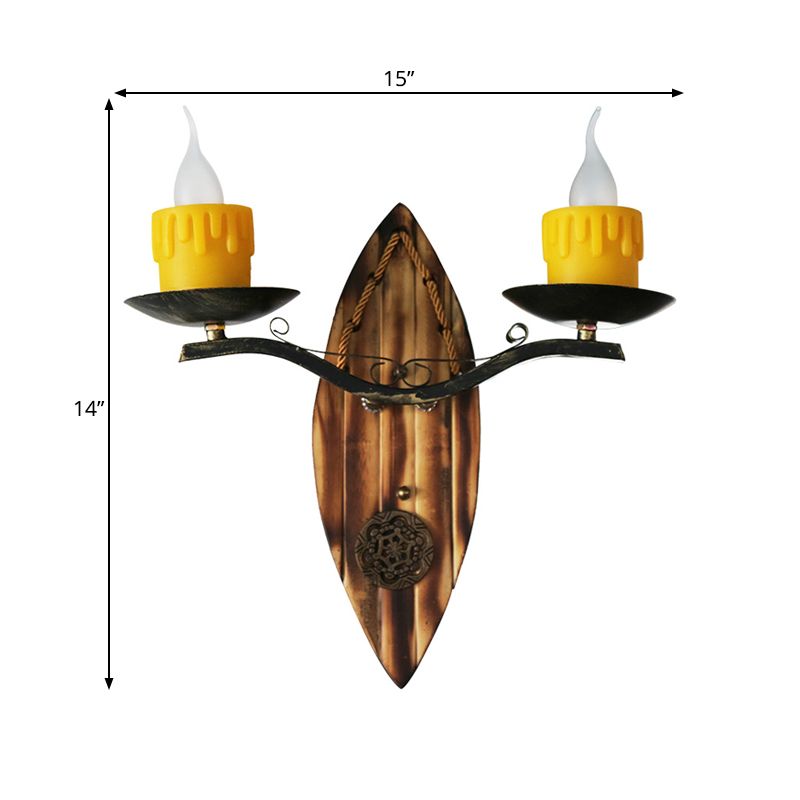2 Lights Candle Wall Lamp Vintage Yellow Resin Sconce Light Fixture with Wood Backplate