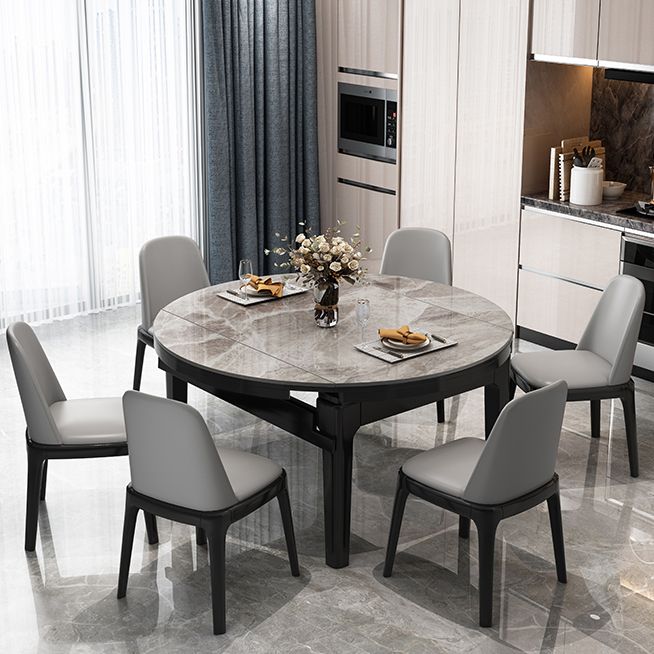 Modern Round Grey Stone Top Extendable Retractable Dining Table with 4 Rubberwood Black Legs