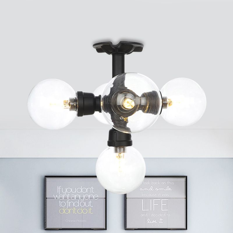 Black 4/5/6-Head Semi Flushmount Antiqued Clear Glass Ball LED Close to Ceiling Lighting