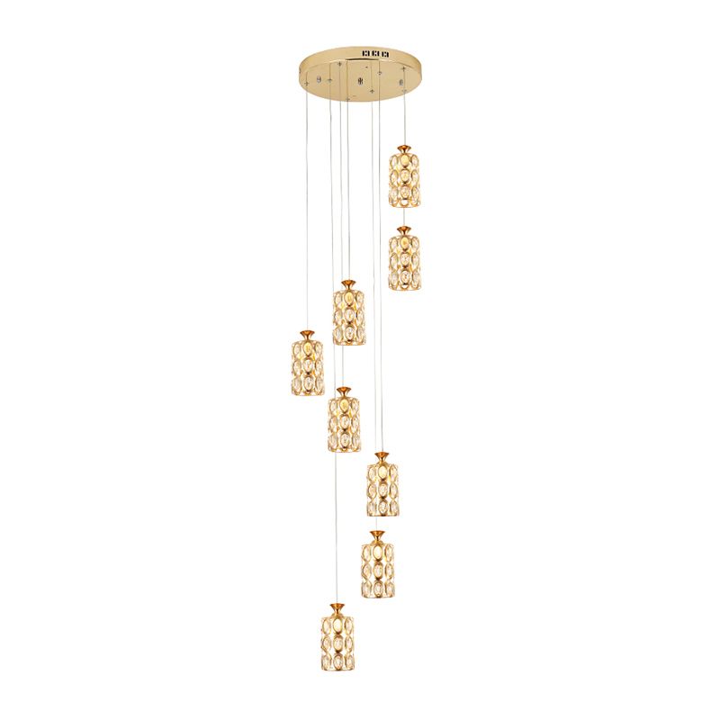 8-Light Multi Ceiling Light Modernism Cylinder Crystal Hanging Lamp Fixture in Brass