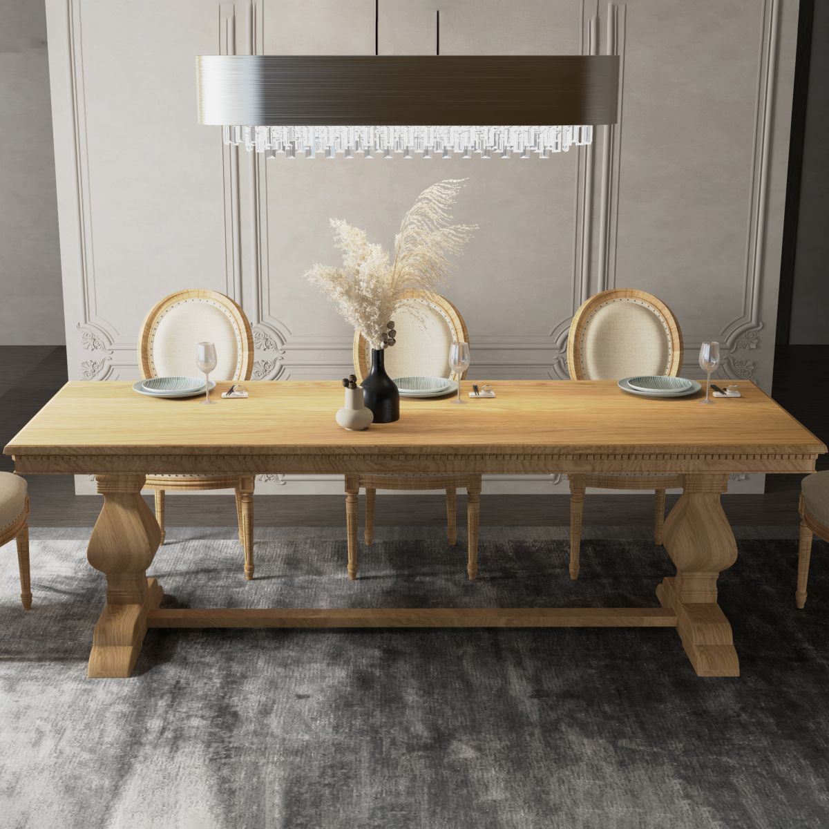 Mid-Century Modern Rectangle Table Solid Wood Dining Table with Trestle Base