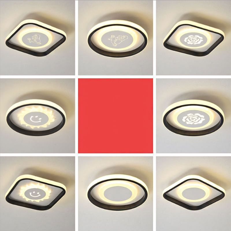 Circular LED Flush Light Fixture Cartoon Acrylic Black Ceiling Mount Lamp with Smile/Anchor/Panda Pattern