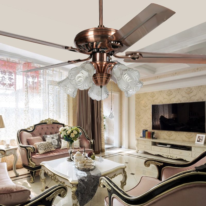 52 "" largeur Vintage Bell Semi Flush Light 5 ampoules Glass Glass Pendant Fans Lampe Fixture en cuivre avec 5 lames