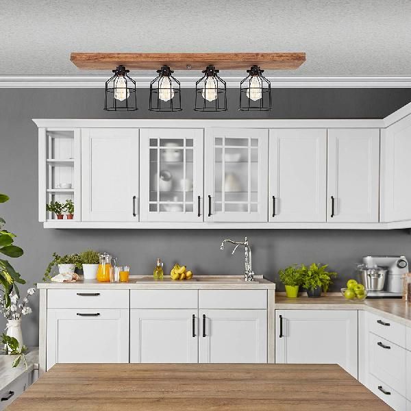 4 Bulbs Iron Semi Flush Ceiling Light Industrial Black Finish Wire Cage Kitchen Ceiling Fixture with Linear Wooden Canopy