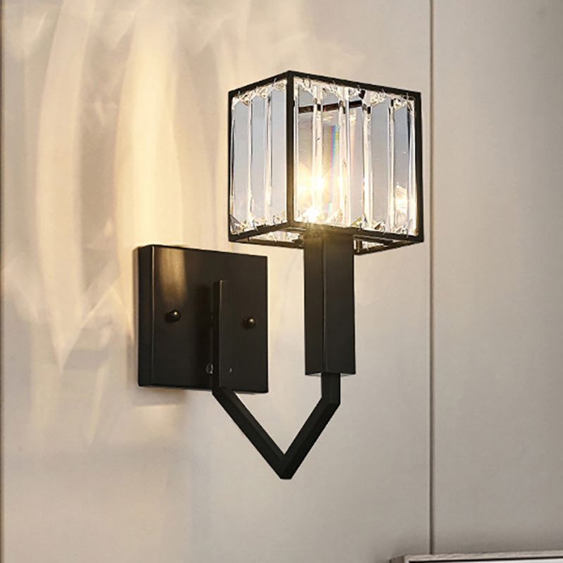 Black Finish Rectangle Wall Lamp Modernist Style 1 Light Clear Crystal and Metal Wall Sconce Fixture