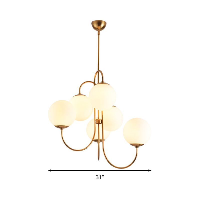 Modern 6 Heads Hanging Chandelier Gold Round Ceiling Pendant Light with White Glass Shade