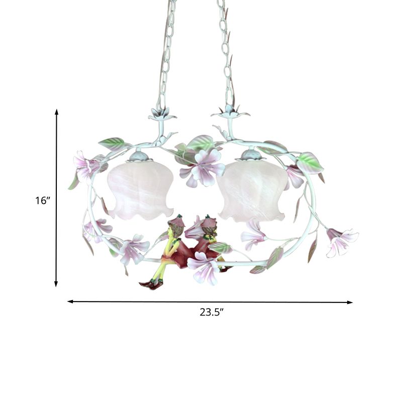 Pink Oval Hanging Chandelier Pastoral White Glass 2 Lights Living Room Ceiling Pendant