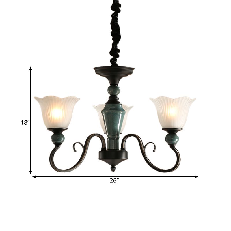 3/6-Light Pendant Light Rural Style Frosted Ribbed Glass Chandelier Lighting Fixture in Black with Swirl Arm
