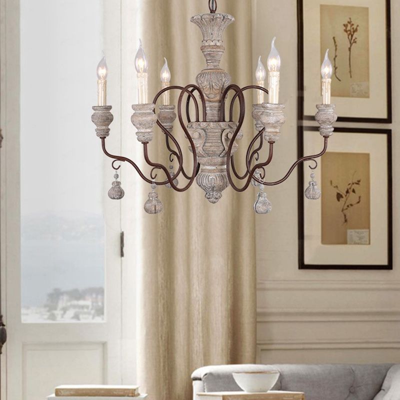 Gray and White Spur Chandelier Lighting Nordic Wood 6 Bulbs Hanging Ceiling Light for Living Room