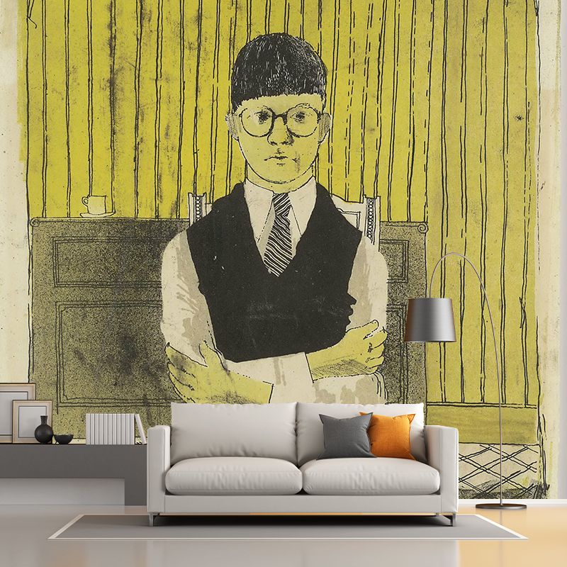 Artistic School Boy Wall Murals in Black-Yellow Bedroom Wall Covering, Custom Made
