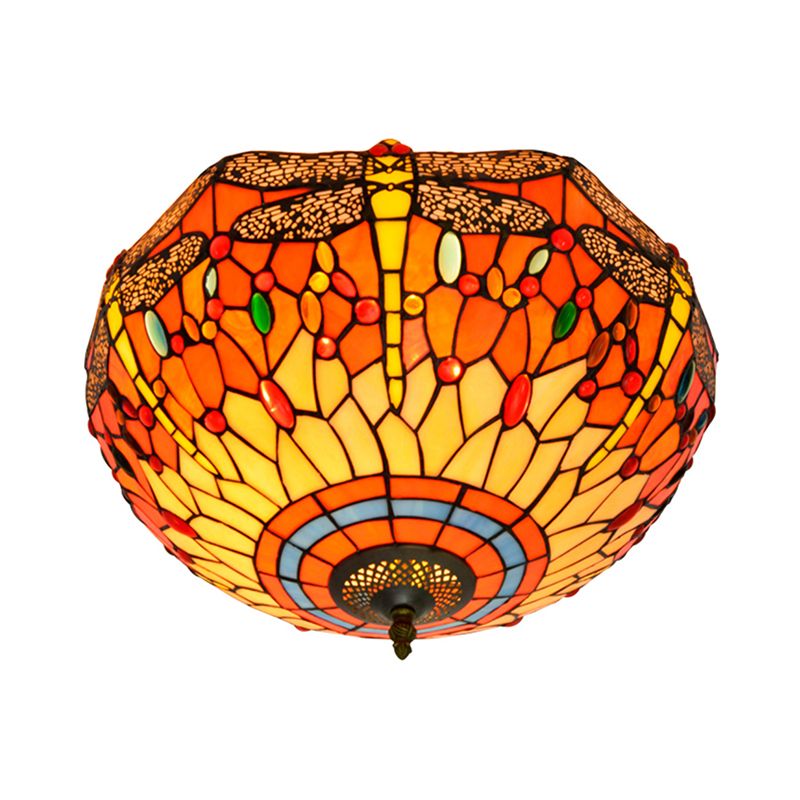 3 Heads Living Room Ceiling Mounted Fixture Tiffany Red/Yellow/Orange Flush Mount Lamp with Dragonfly Stained Glass Shade