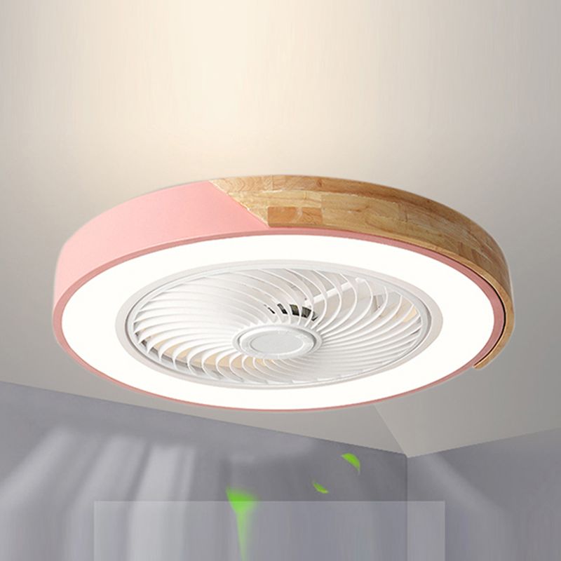 Lámpara de ventilador LED redondeo de macaron con cuchillas invisibles dormitorio de madera sólida semi flush luz