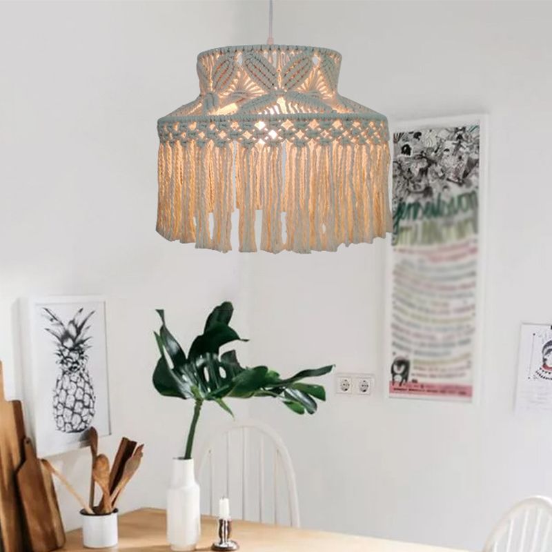 1-Bulb Barn Pendant Light Traditional Beige Hemp Rope Suspension Lighting Fixture with Tassel Fringe