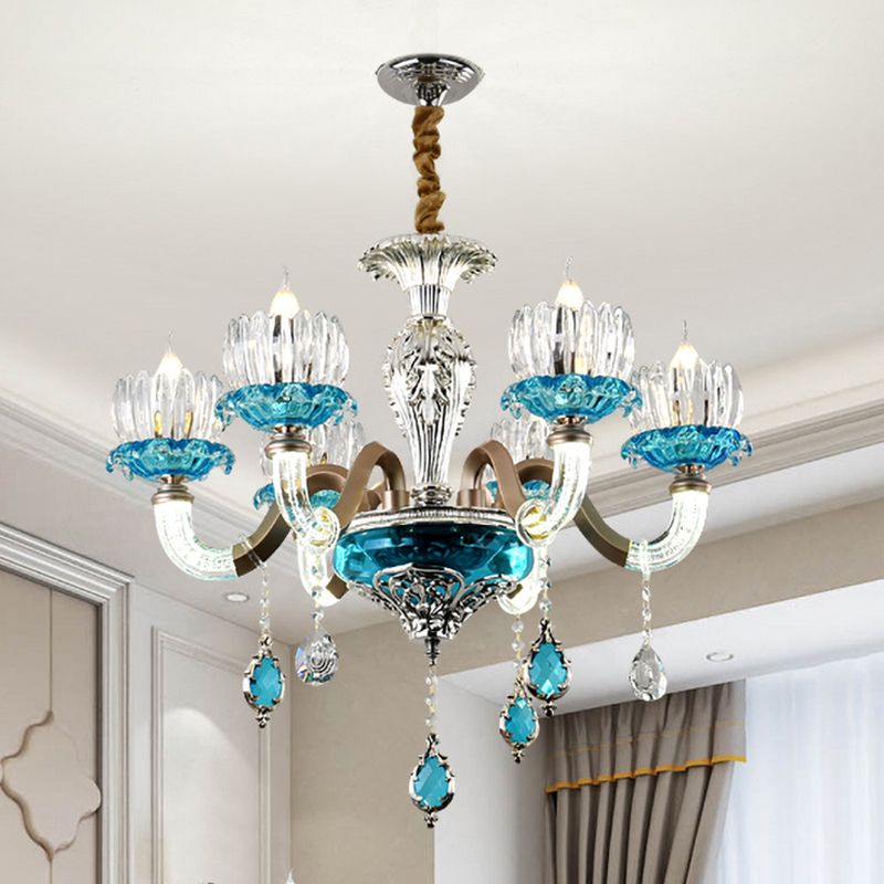 Mid-Century Lotus Buds Chandelier 6 Bulbs Clear and Blue Crystal Suspension Light for Restaurant