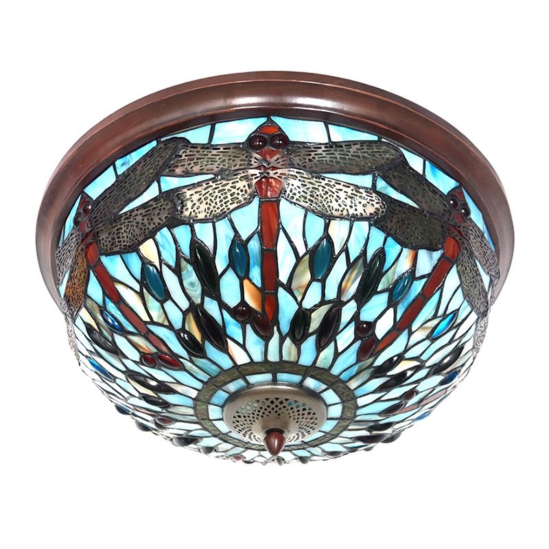 Blue/Red Dome Flush Mount Light Tiffany Stained Glass LED Close to Ceiling Lamp with Dragonfly Pattern