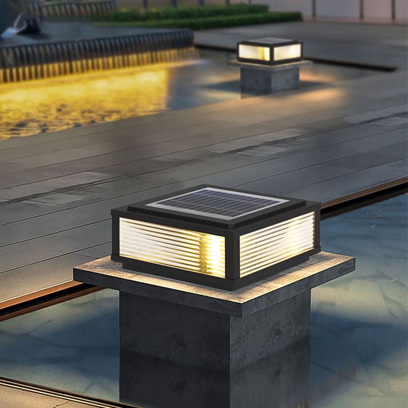 Metal Rectangle Shape Solar Pillar Lamp Modern 1 Light Outdoor Waterproof Light in Black