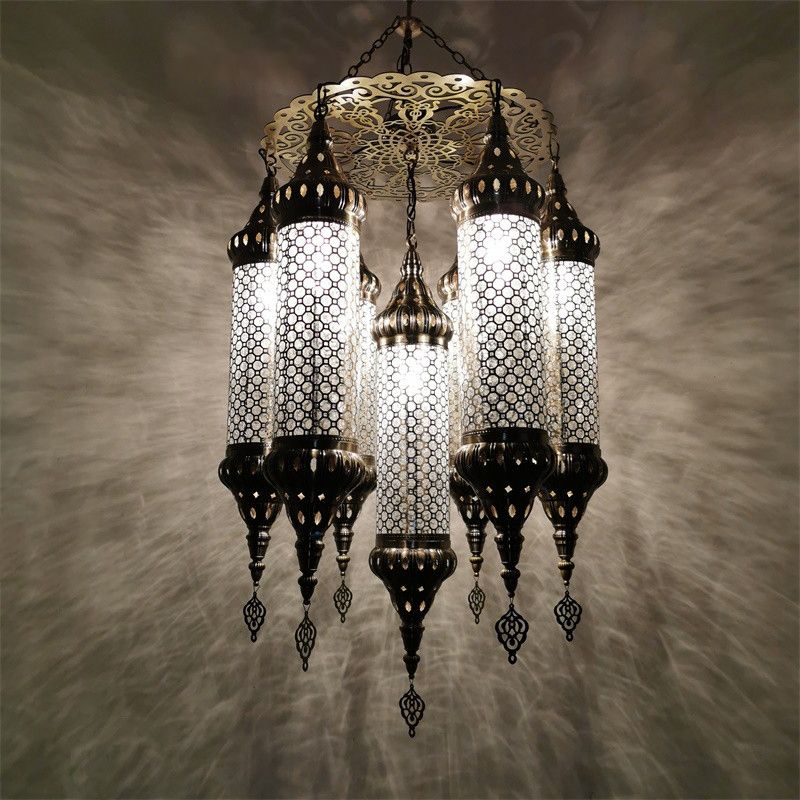 Arab Cylinder Hanging Lamp 7 Heads Clear Crackle Glass Chandelier Lighting Fixture in Bronze