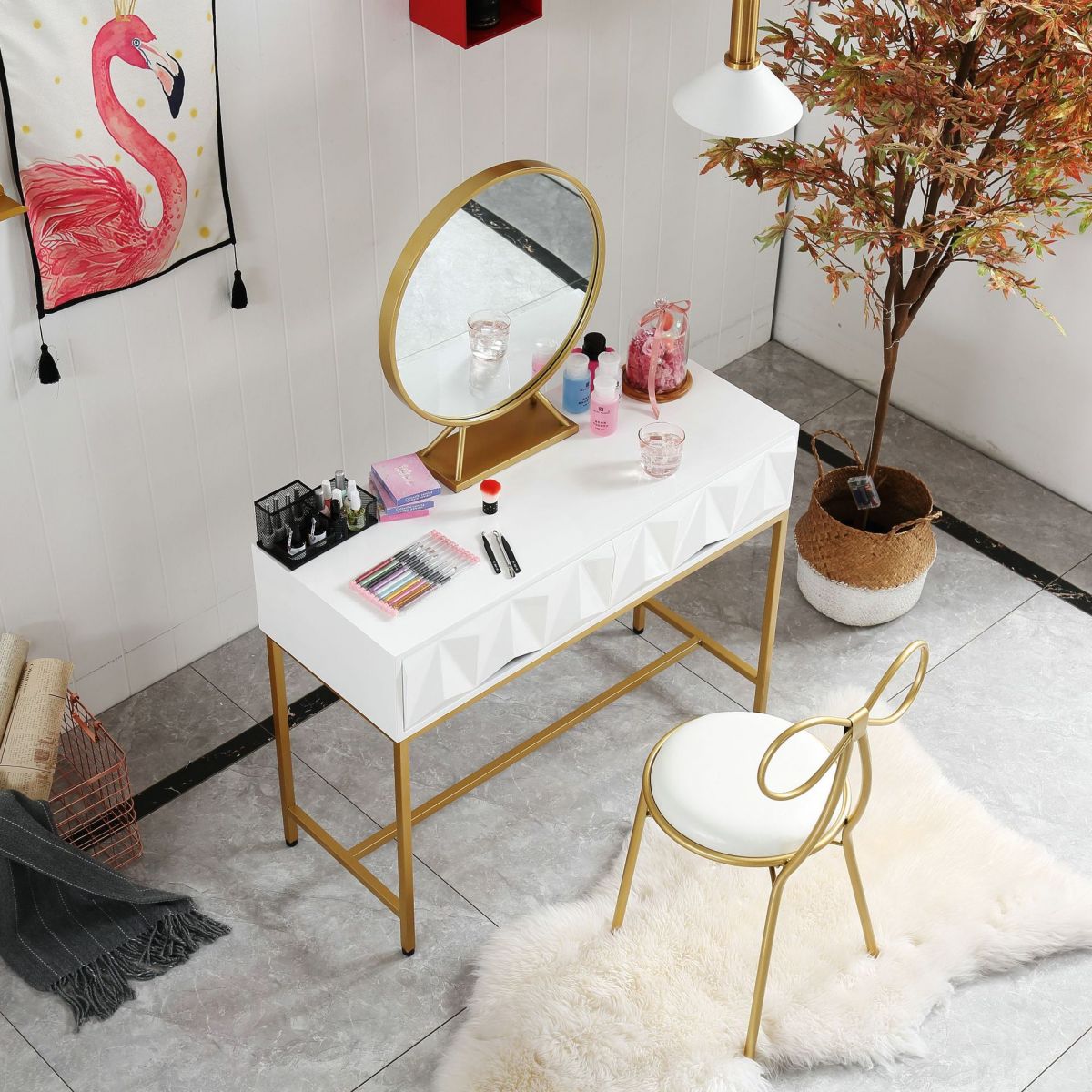 Glam 2-drawer Wooden Vanity Table 29.52" H Dressing Table in White