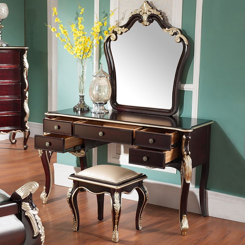 Brown Makeup Counter with Mirror 19.68" Wide Wood Vanity Tables with 5 Drawers