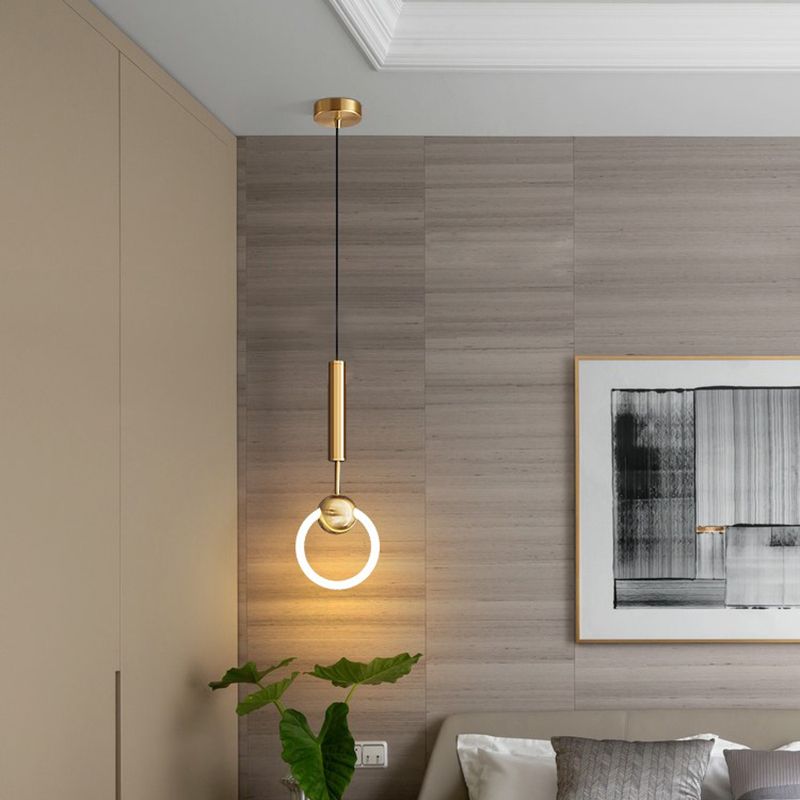 LED Halo Pendant Lamp Simplicity Metal Bedside LED Ceiling Suspension Light in Gold