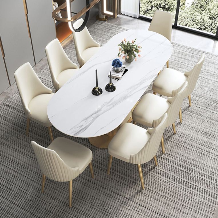 Glam Kitchen White Dining Table Sintered Stone Standard Dining Table with Pedestal Base