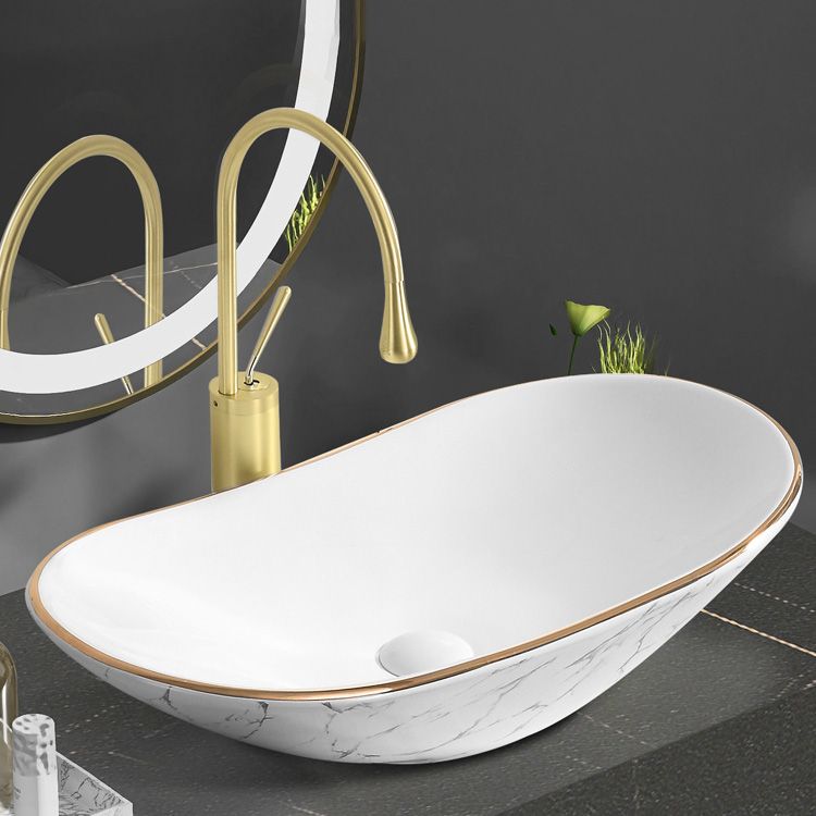 Contemporary Bathroom Sink Pop-Up Drain Porcelain Oval-Shape Vessel Bathroom Sink