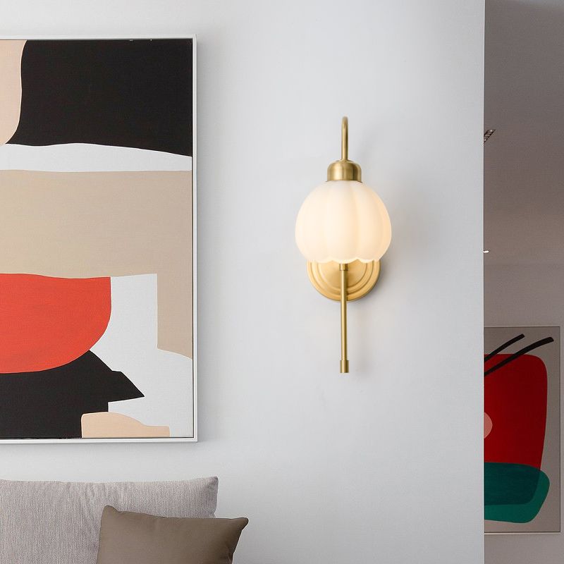 Modern Metal Wall Sconce Bud Shape Wall Light with Glass Shade for Bedroom in Gold