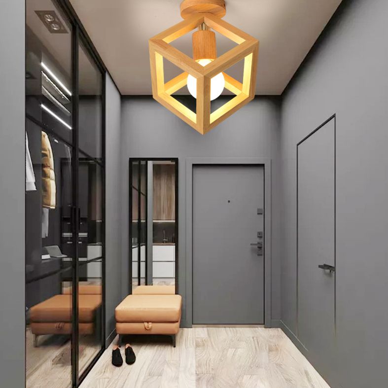 Geometric Bedroom Ceiling Light Fixture Wooden Minimalism Ceiling Mounted Fixture in Wood