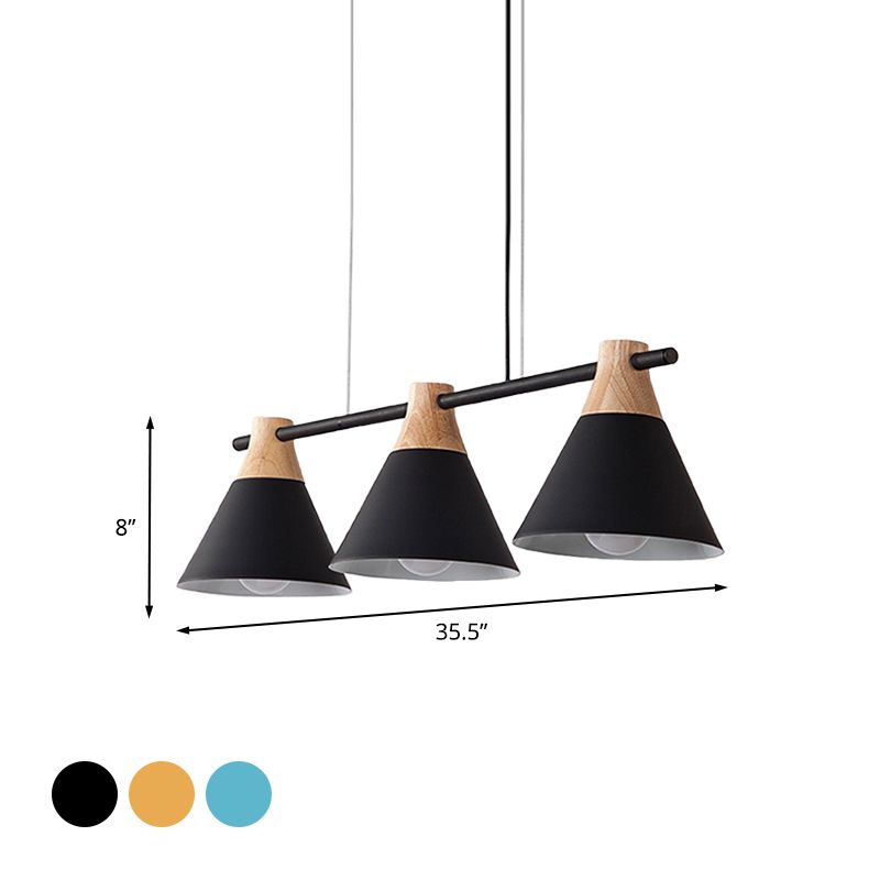 Macaron Cone Fer Hanging Light 3 Heads Island Pendant en noir / blanc / bleu et bois sur table à manger