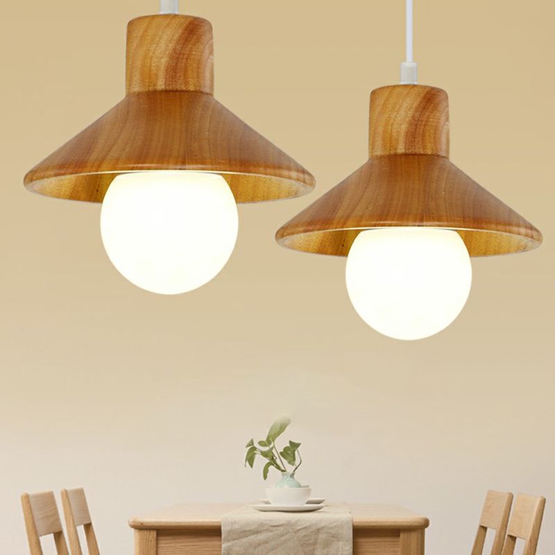 Cone Shaped Restaurant Hanging Lamp Wooden 1 Head Nordic Ceiling Light in Beige-White