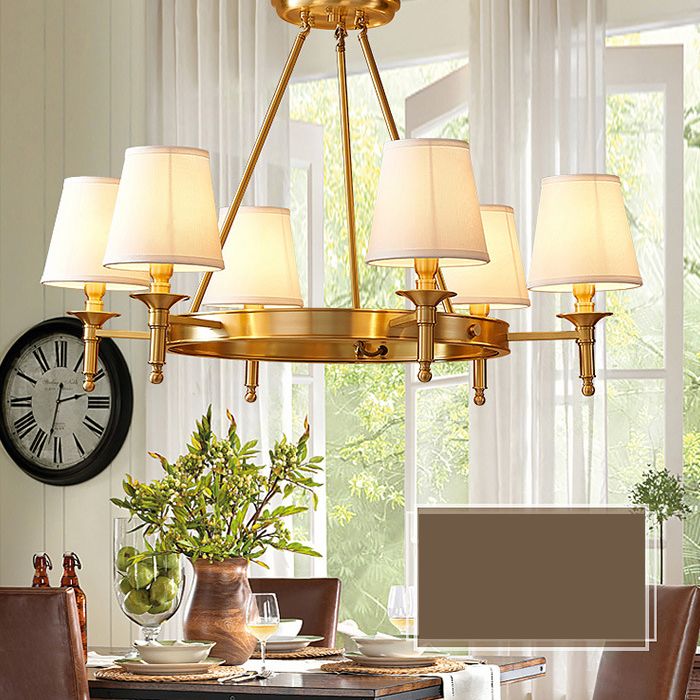 Post-Modern Wagon Wheel Hanging Chandelier Light White Linen Shade Ceiling Chandelier in Gold for Dining Table